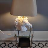 White ceramic horse head lamp beige lampshade and golden interior
