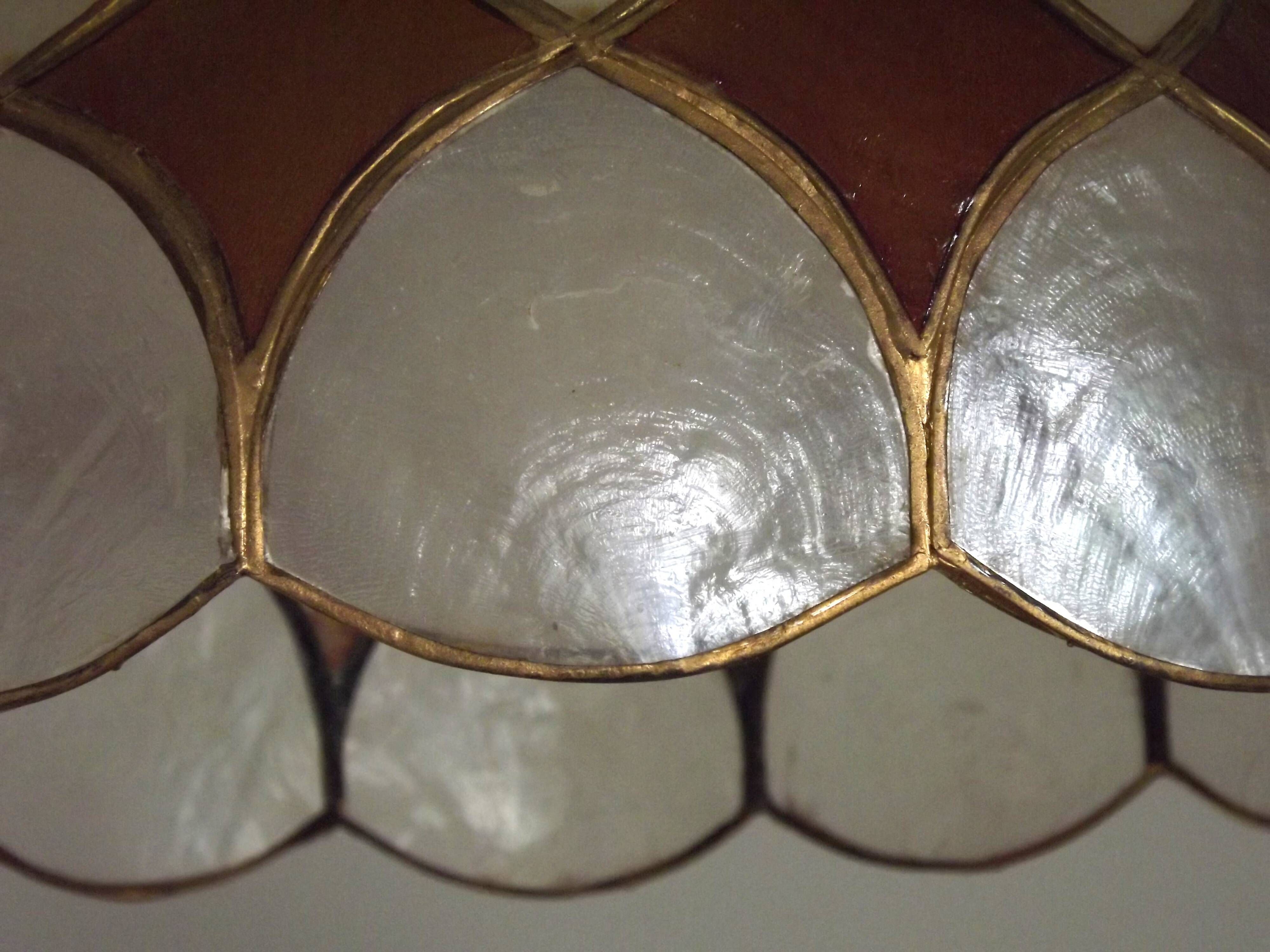 French Vintage Capiz Shell Hanging Pendant Light in Brown & White Gold Trim