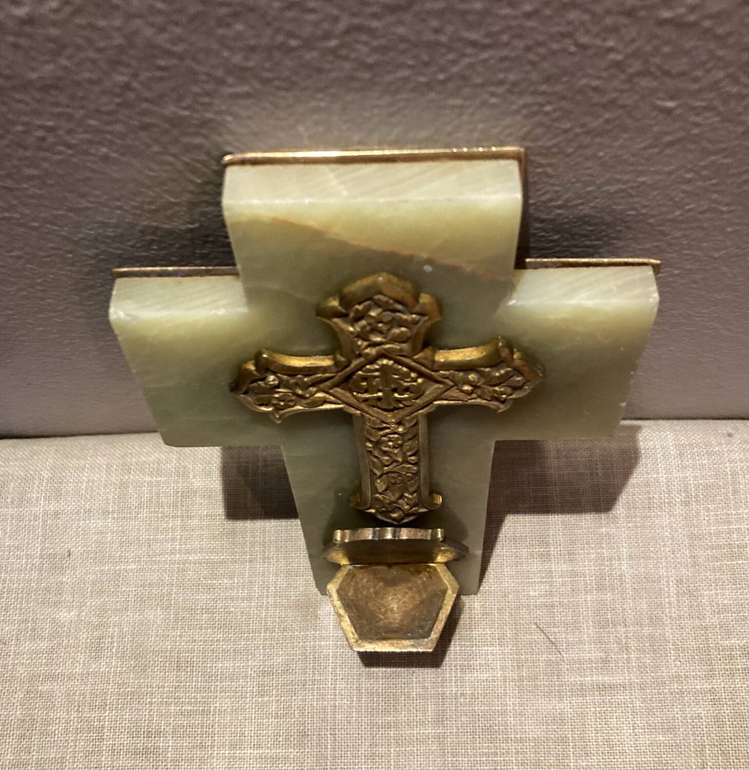 Art Deco holy water font in bronze, onyx and brass from the early 20th century