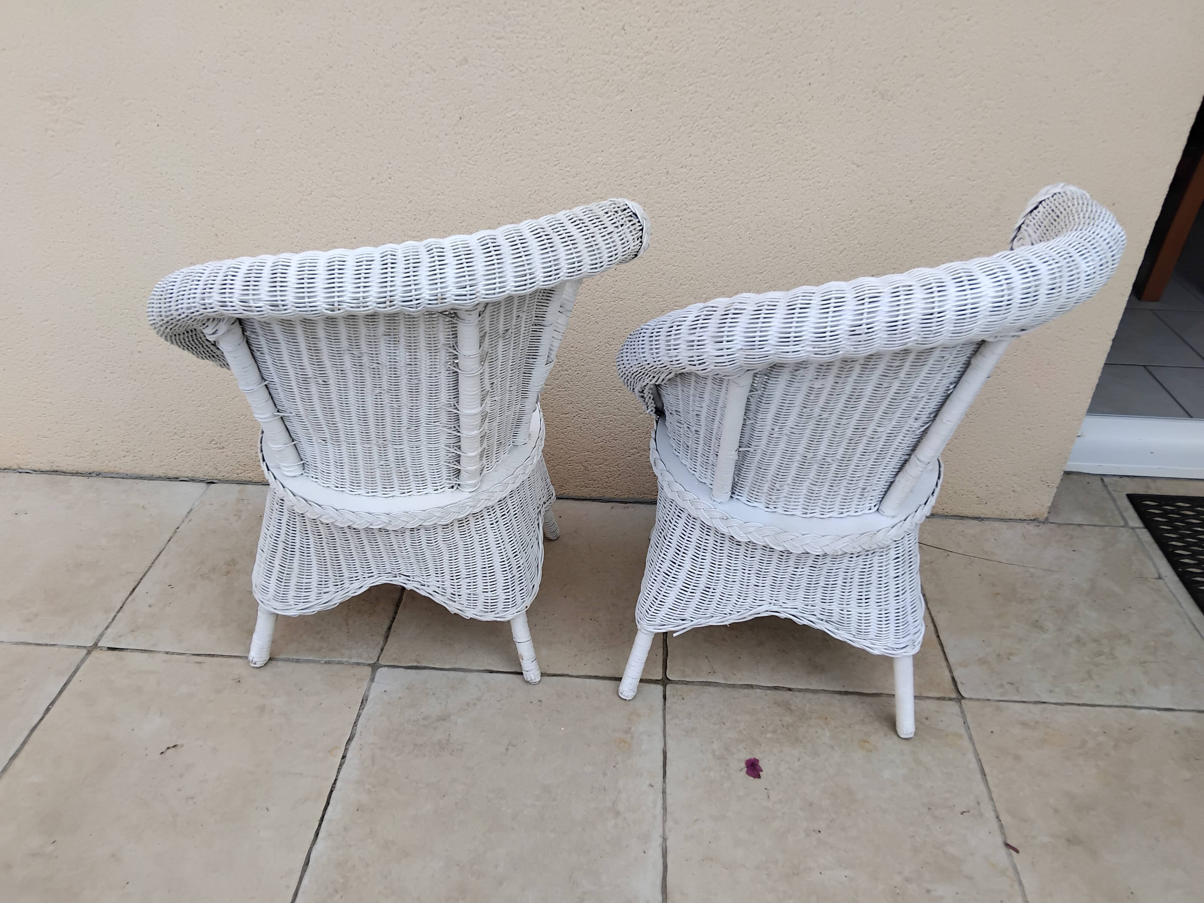 Pair of vintage art deco white rattan wicker armchairs