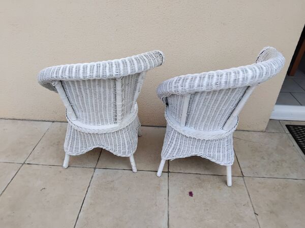Paire de fauteuil en osier rotin blanc art deco vintage