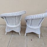 Pair of vintage art deco white rattan wicker armchairs