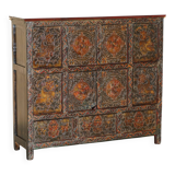 Antique polychrome Tibetan altar cabinet with deer and flowers.