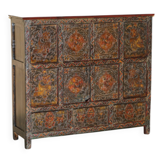 Antique polychrome Tibetan altar cabinet with deer and flowers.