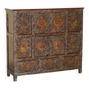 Antique polychrome Tibetan altar cabinet with deer and flowers.
