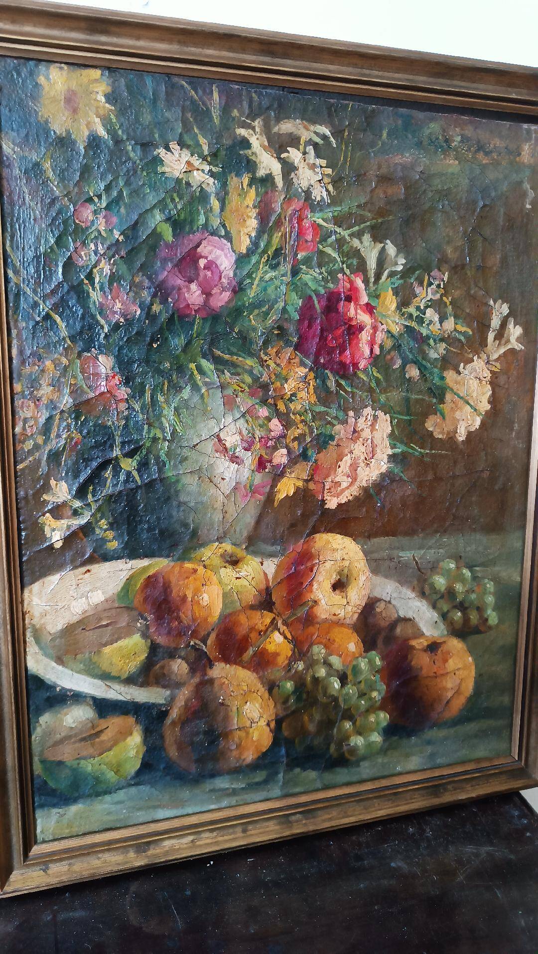 19th century oil painting on canvas fruit vase with flowers