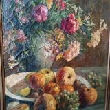 19th century oil painting on canvas fruit vase with flowers