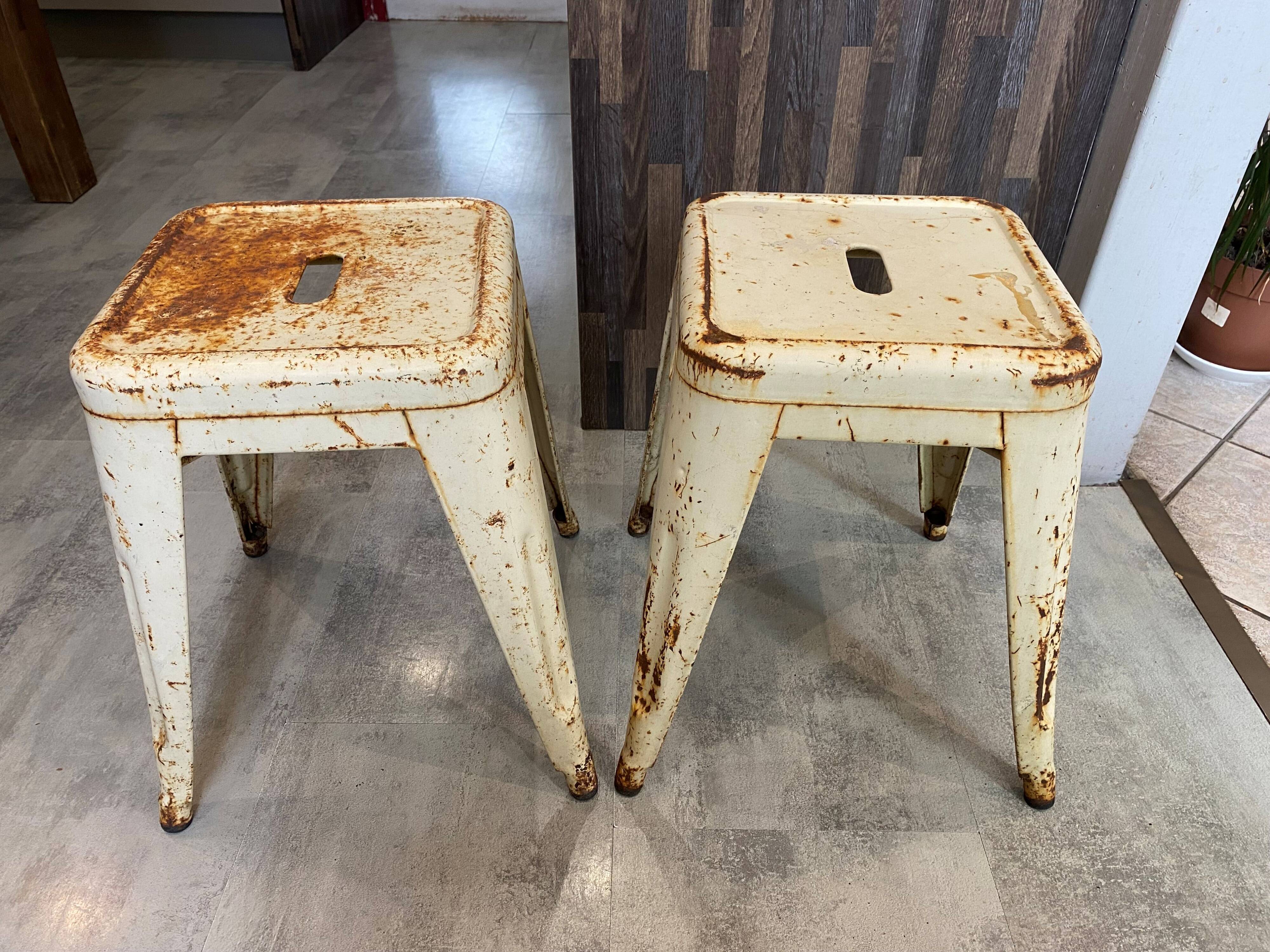 Authentic pair of Xavier Pauchard industrial Tolix metal stools 50