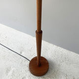 Vintage retro teak floor standard lamp / large fringed floral shade