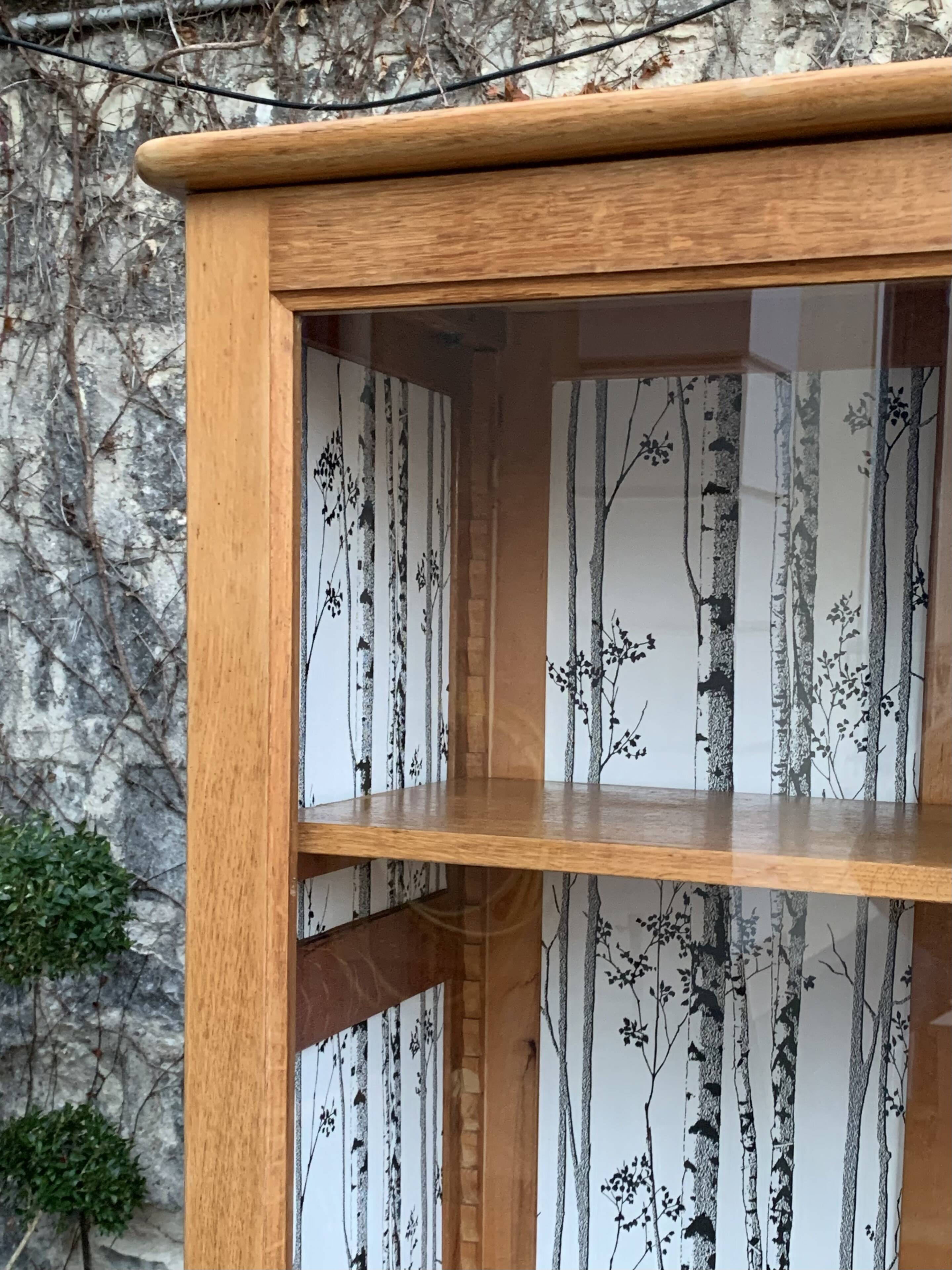 Solid raw oak school glass cabinet 1950