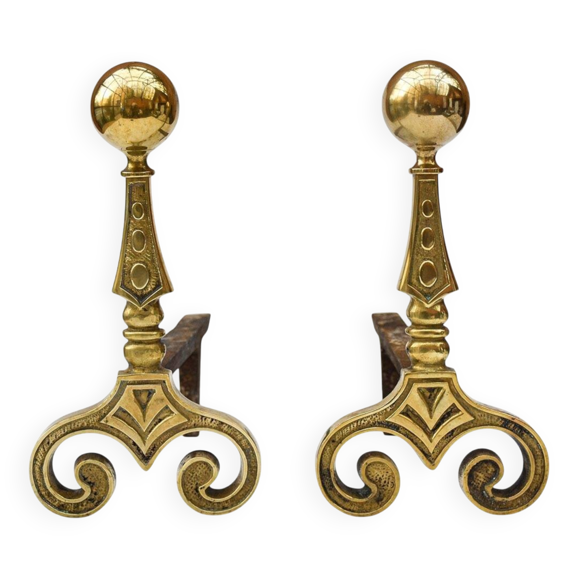 Gilded bronze andirons with rounded ball and patterns, antique fireplace accessory