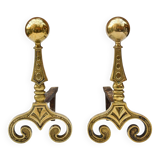 Gilded bronze andirons with rounded ball and patterns, antique fireplace accessory