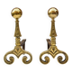 Gilded bronze andirons with rounded ball and patterns, antique fireplace accessory