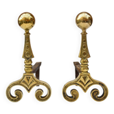 Chenets en bronze doré boule et motifs arrondies accessoire de cheminée ancien