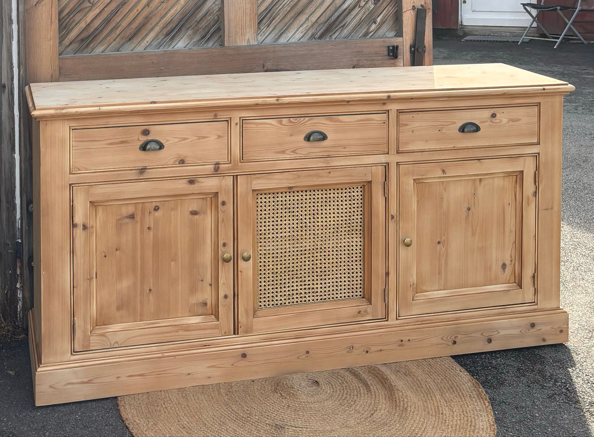 Renovated solid raw wood and cane sideboard - 3-door buffet