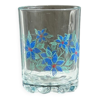 Vase vintage en verre motif fleurs bleues H14