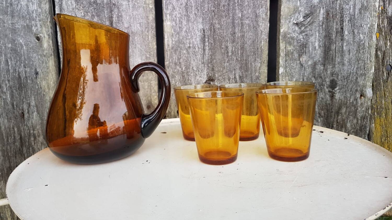 Old orangeade service blown glass carafe + 5 vintage verico glasses #a680