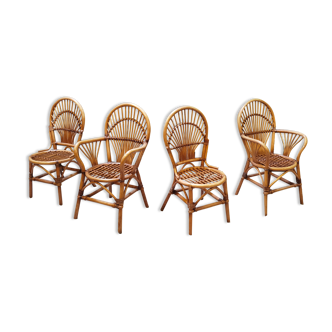 Series of 2 chairs and 2 rattan armchairs 1970