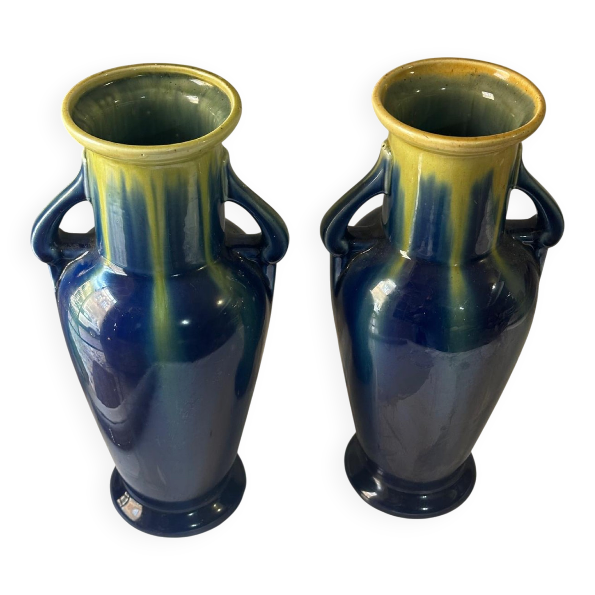 Paire de vases amphores Saint-Clément, céramique émaillée bleu et vert