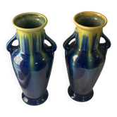 Pair of amphora vases Saint-Clément, glazed ceramic in blue and green.