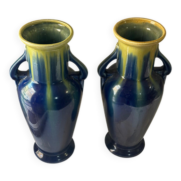 Paire de vases amphores Saint-Clément, céramique émaillée bleu et vert
