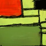 Modern abstract green, yellow, purple and orange mixed media painting