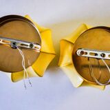 Pair of circular "cocoon" wall lights, resin and pine, Italy, 1970