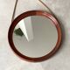 Mid Century solid teak wall mirror with a leather strap - Danish design