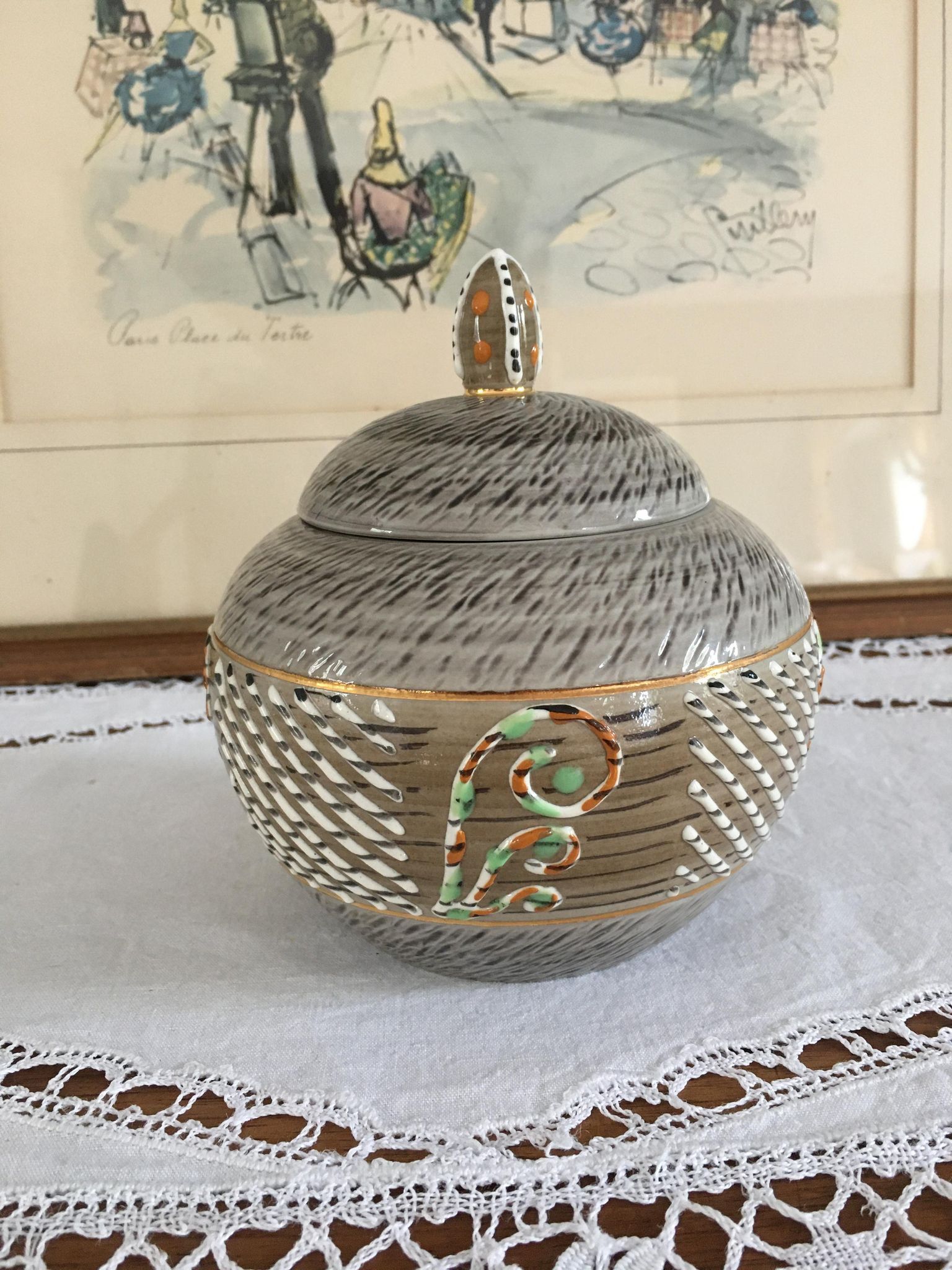 Waillault 1960 speckled stoneware sugar bowl Made in France