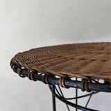 Vintage round table in woven rattan and black wrought iron – 1950s / 1960s