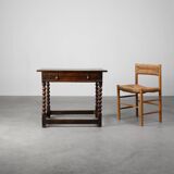 18th Century English Bobbin-Turned Oak Side Table with Bronze Hardware, Jam
