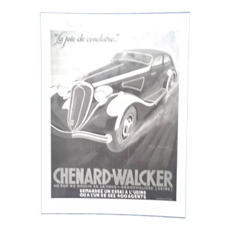 Affiche voiture Chenard-Walcker avec plastification ( mat )  issue d'une revue d'époque 1936