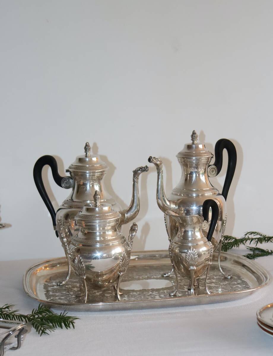Silver-plated metal tea and coffee service in Empire style.