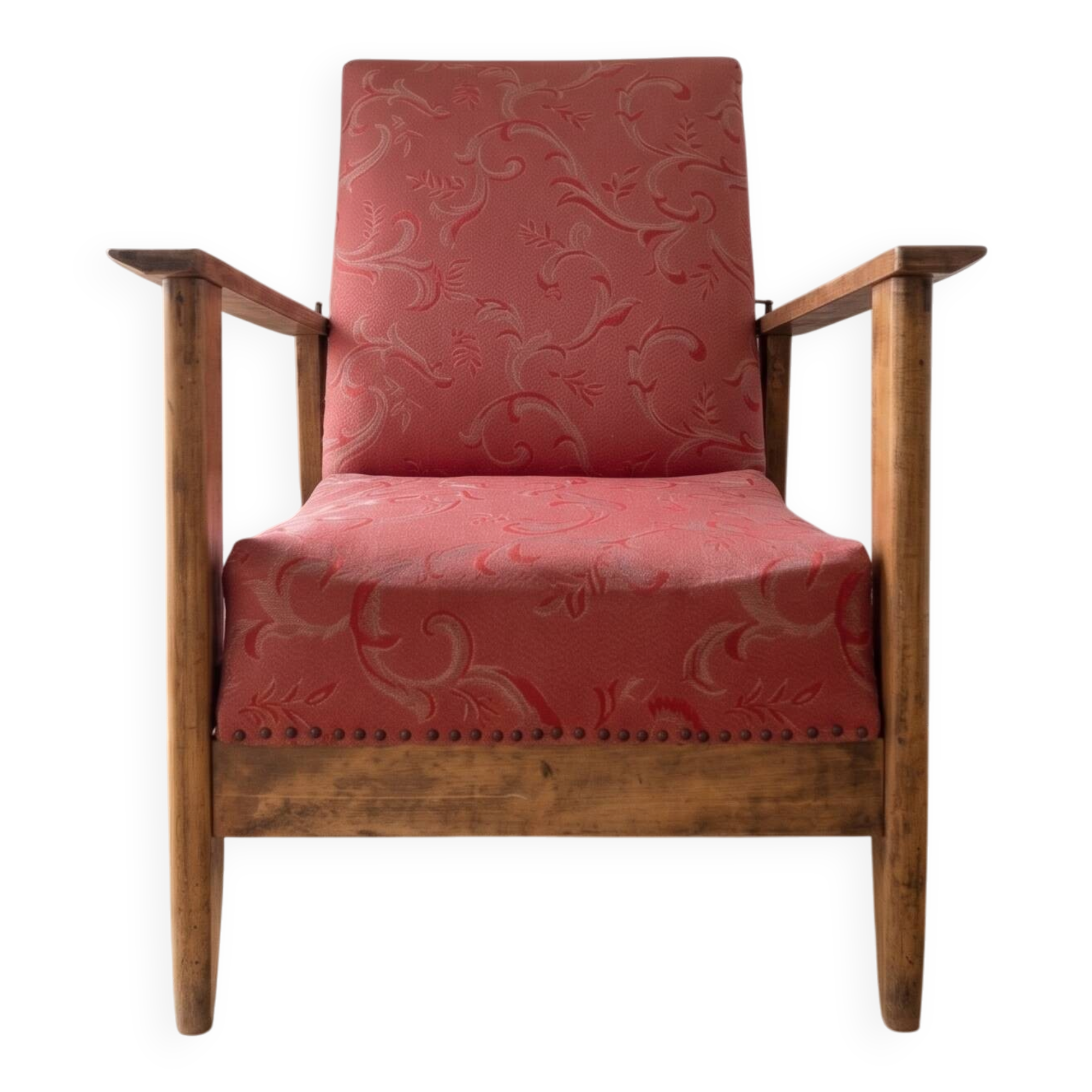 Vintage reclining armchair Retro in wood and red fabric