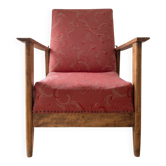 Vintage reclining armchair Retro in wood and red fabric