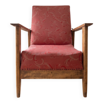 Vintage reclining armchair Retro in wood and red fabric