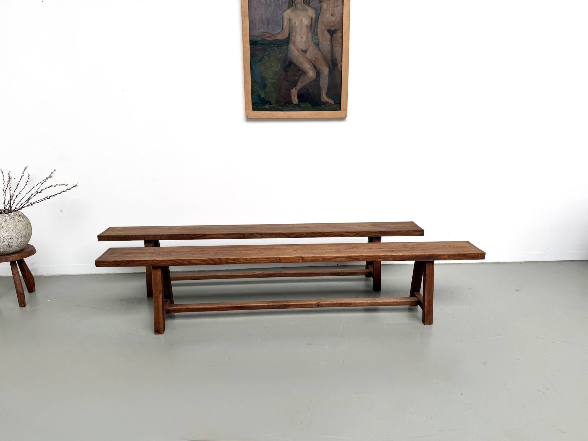 Pair of XL size benches in solid oak, 1950s.