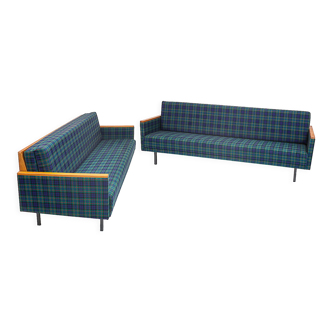 Duo of 4-seater sofas, Tartan fabric, 1960