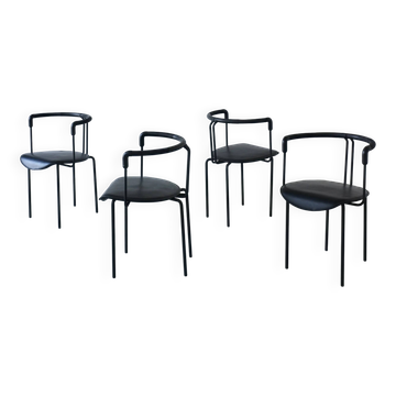 4 postmodern black leather armchairs from Cidue, Italy, 1990s