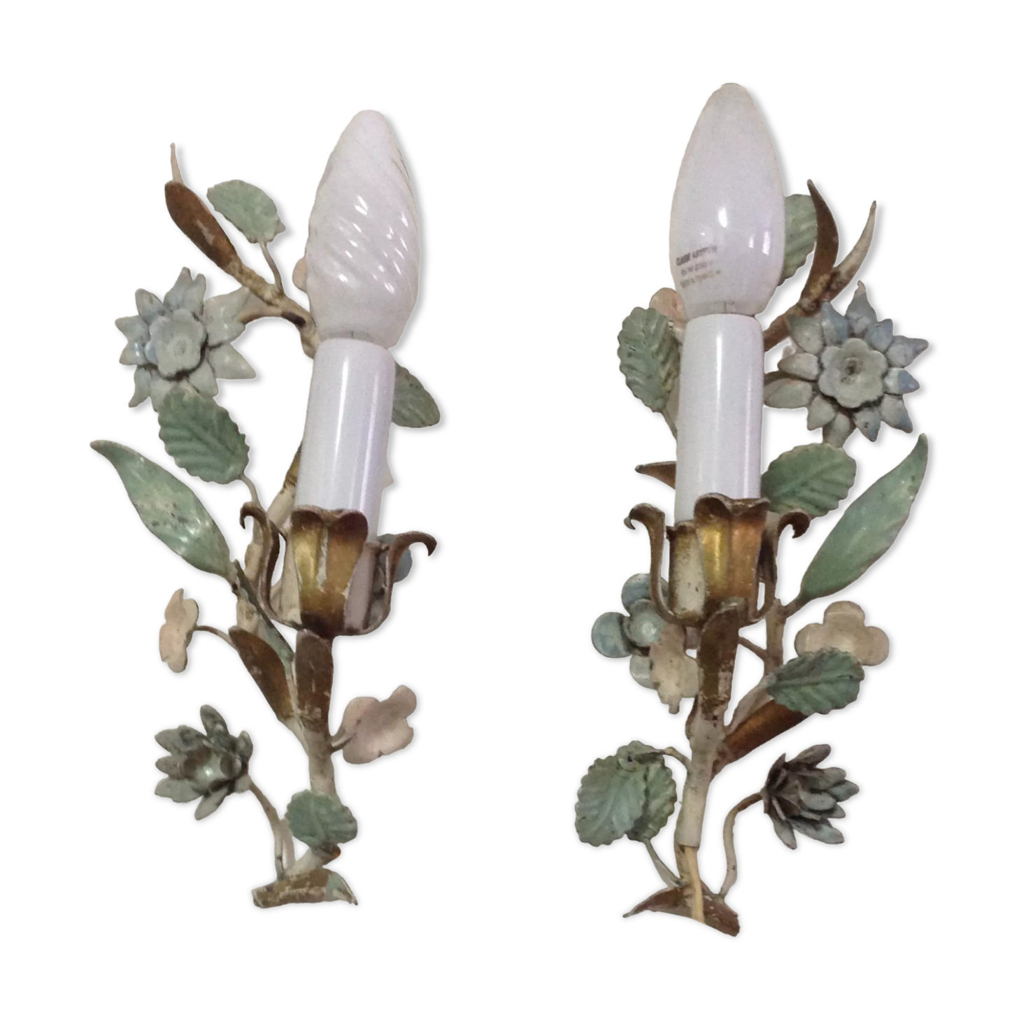 Painted metal flower sconces, vintage, 50s
