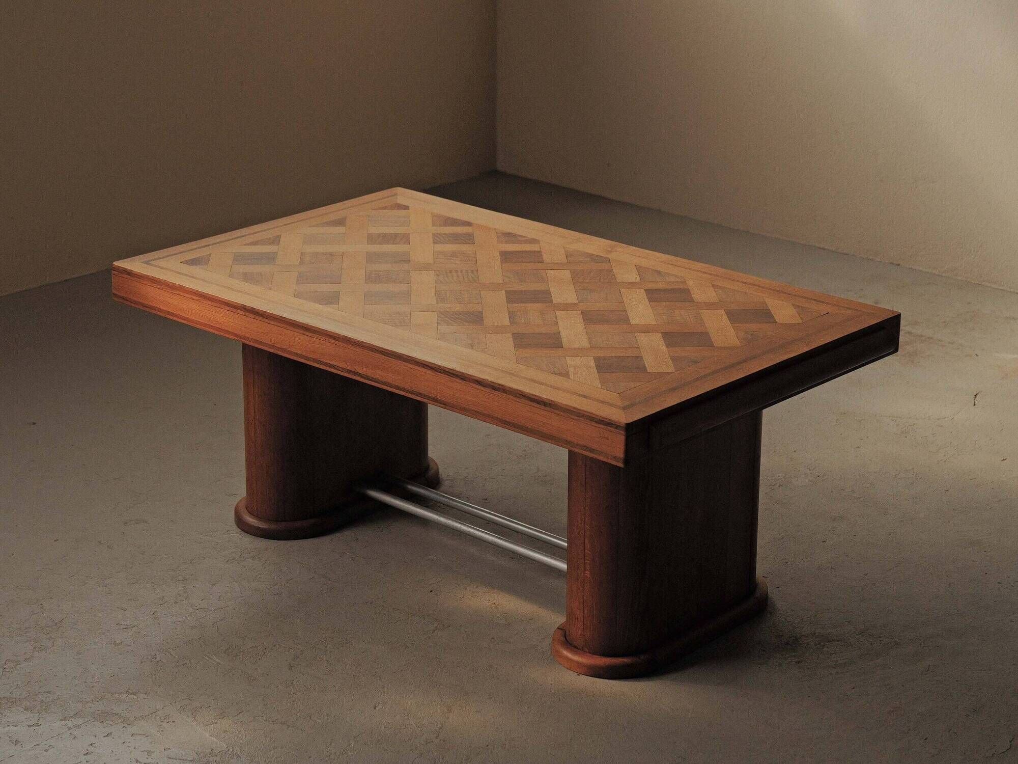 Art Deco table in oak and walnut with marquetry decoration, circa 1940.