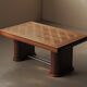 Art Deco table in oak and walnut with marquetry decoration, circa 1940.