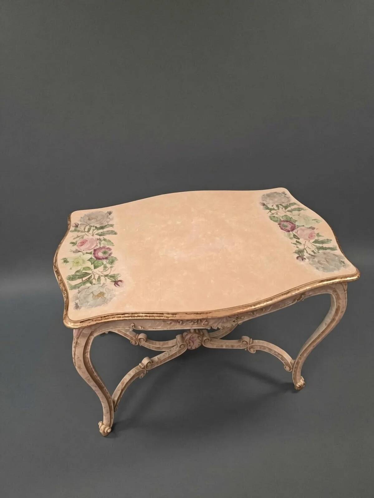 Vintage French provincial painted table | Shabby chic floral console table | Ornate rococo vanity desk with hand-painted roses