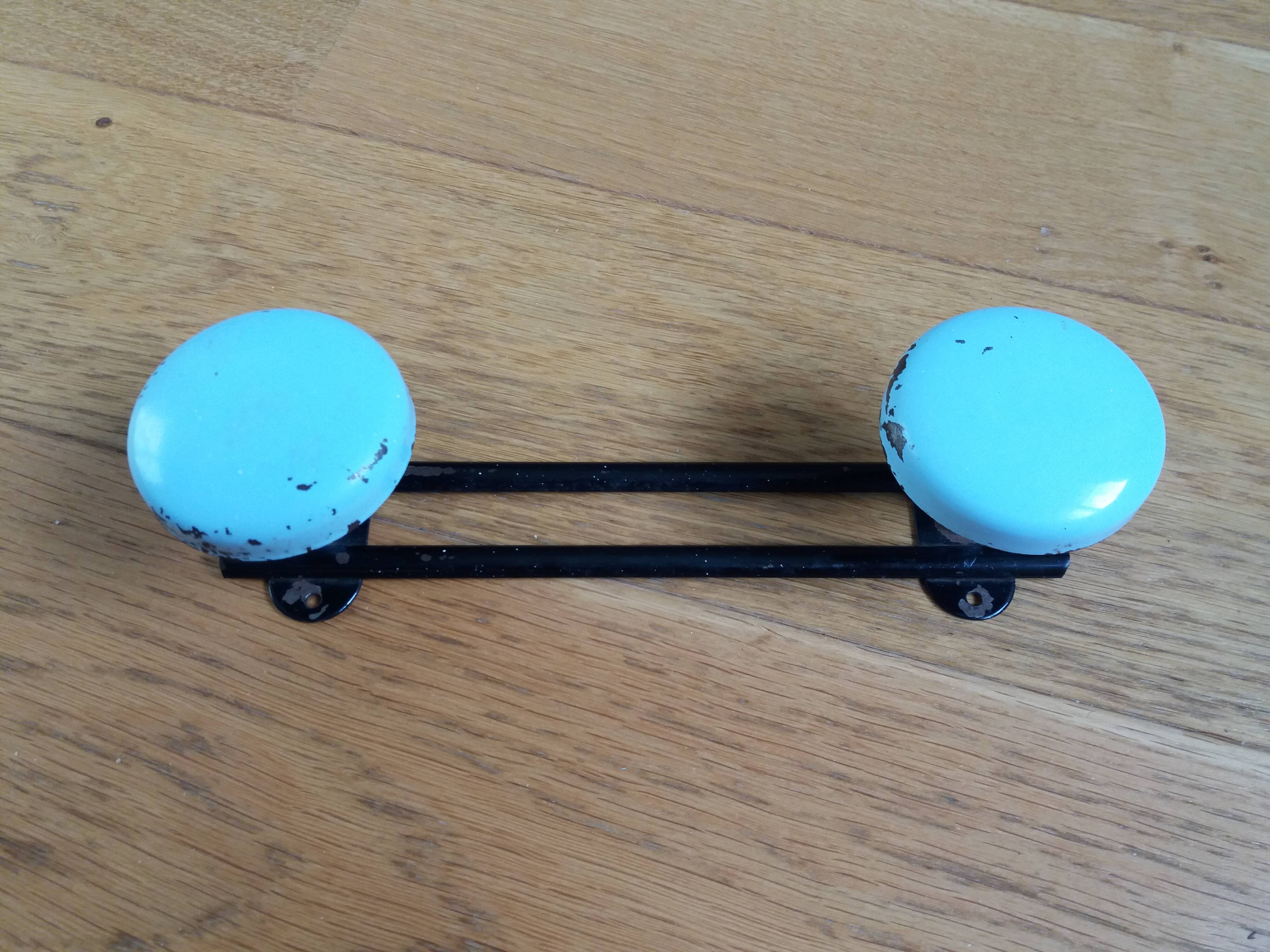 Wall coat rack with 2 vintage hooks from the 60s and 70s