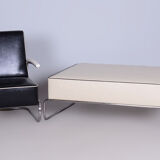 Restored Bauhaus Stool-Table, High Quality Leather, Chrome Steel, New Upholstery, Czechia, 1930s