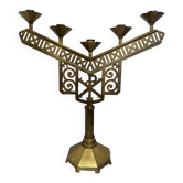 Ancien Chandelier d’Autel Art Déco en Laiton – 5 Feux – Symbole Chrism