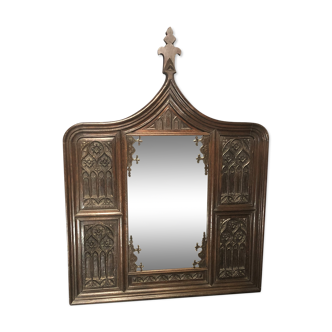 Ancien miroir en chêne au décor gothique Boiserie