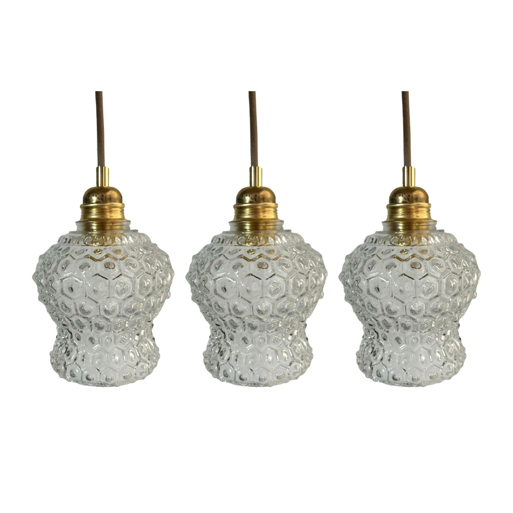 Set of three vintage pendant lamps in chiseled glass
