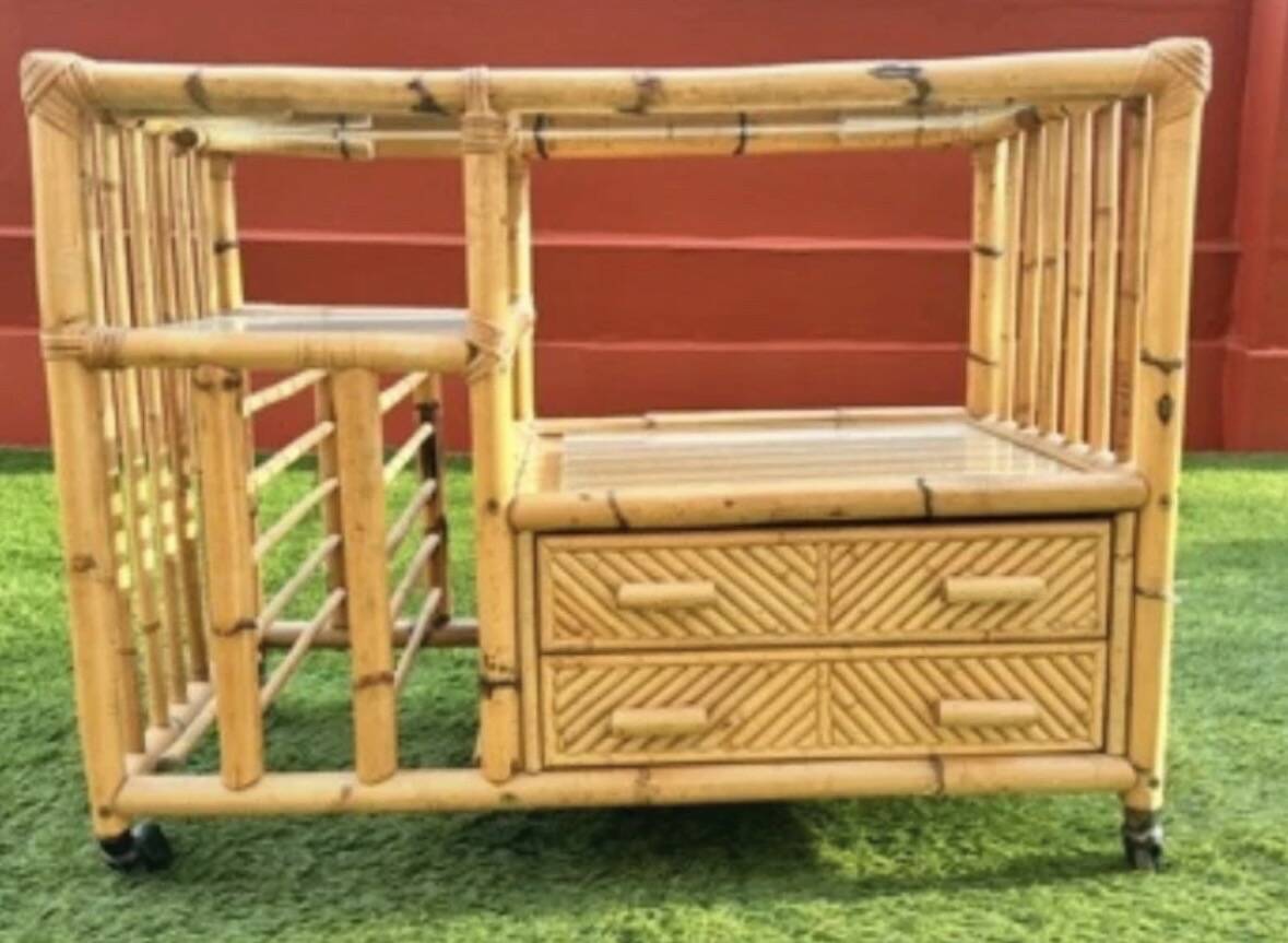 Auxiliary bar cabinet in natural bamboo with glass top - 1960s