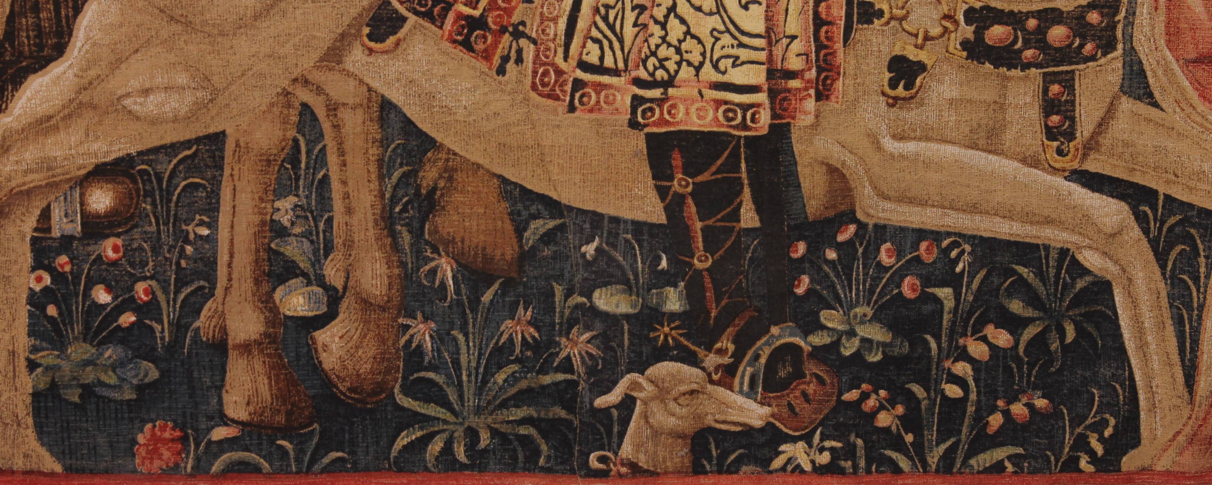 stencil tapestry - Gothic flamboyant falcon hunting scene - 19th century